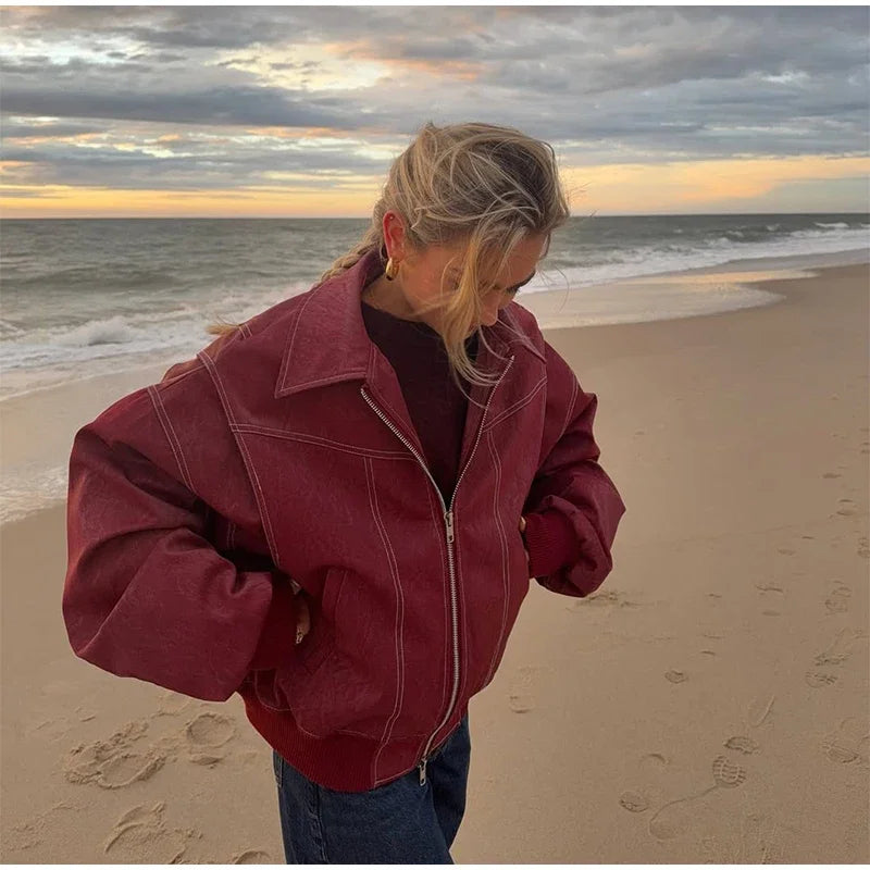 Women's Artificial Leather Short Jacket Retro Red Linen Coat Spliced Zipper Jacket Autumn Women's Lapel Pocket Street Sportswear