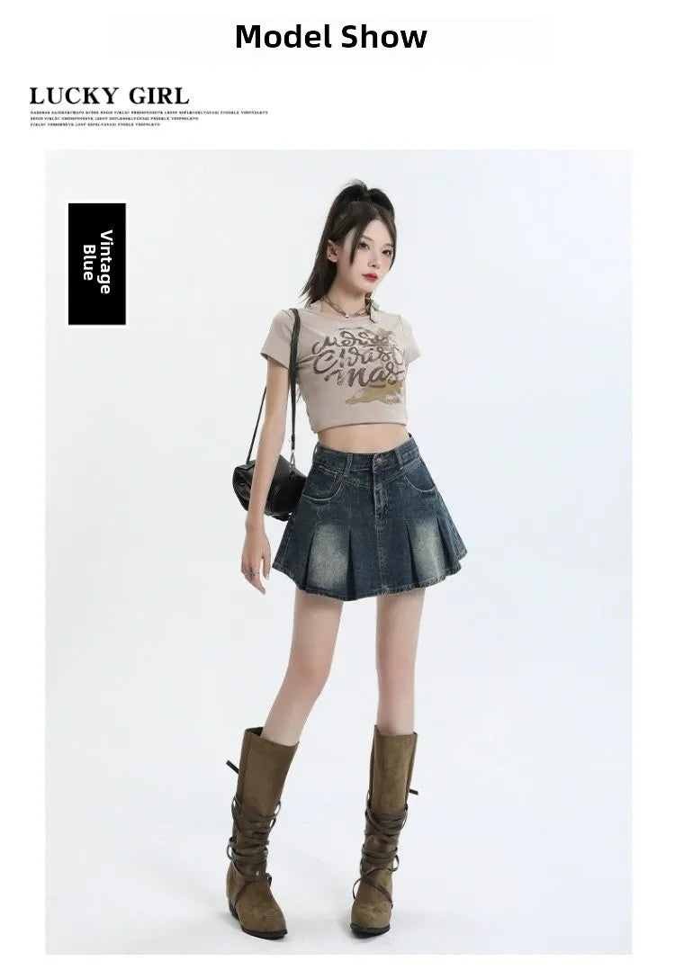 American Sle Versatile High Waist Denim  Skirt Women's Summer New plus Size Pleated Skirt Small Size Slim A-Line ves