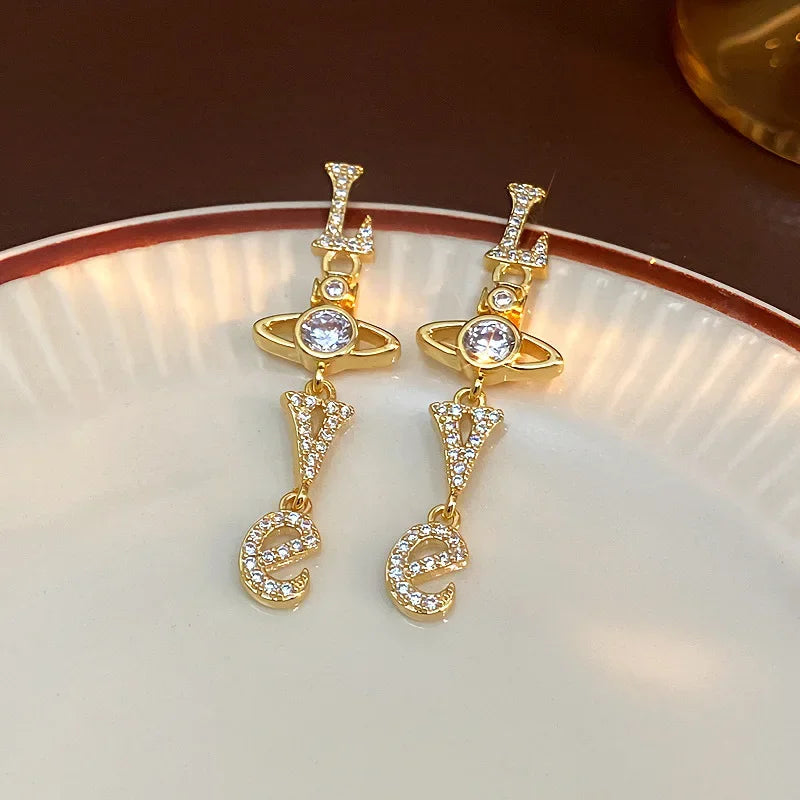 Fashionable Long Tassel Earrings with Love Letter Zirconia Stones Women's Elegant Drop Earrings Chinese Style Saturn Personality