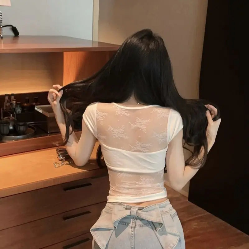 U-neck Short-sleeve T-shirt for Women Summer Slim-fit Sexy Sheer Mesh Fashionable Versatile Cropped Top