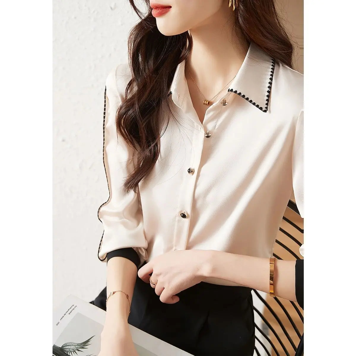 Spring Autumn Korean Fashion Polo-neck Elegant Patchwork Shirt Female Long Sleeve Cardigan All-match Top Women Buttons Blouse
