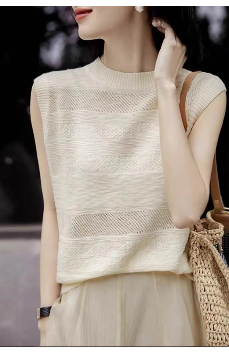 Women's Fashion Sleeveless Tees ONeckPullover Summer Worsted Wool Top Hollow Out T-Shirts Simple Elegant And Smooth Cool Comfort