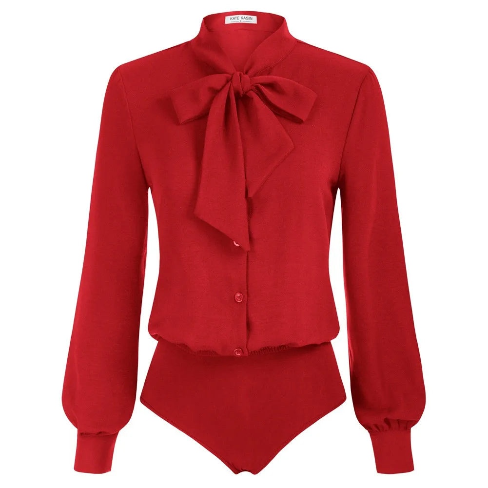 KK Women Bow-Knot Bodysuit Long Sleeve Elastic Waist Shirt Teddy Autumn And Winter Solid Streetwear Office Lady Elegant Jumpsuit