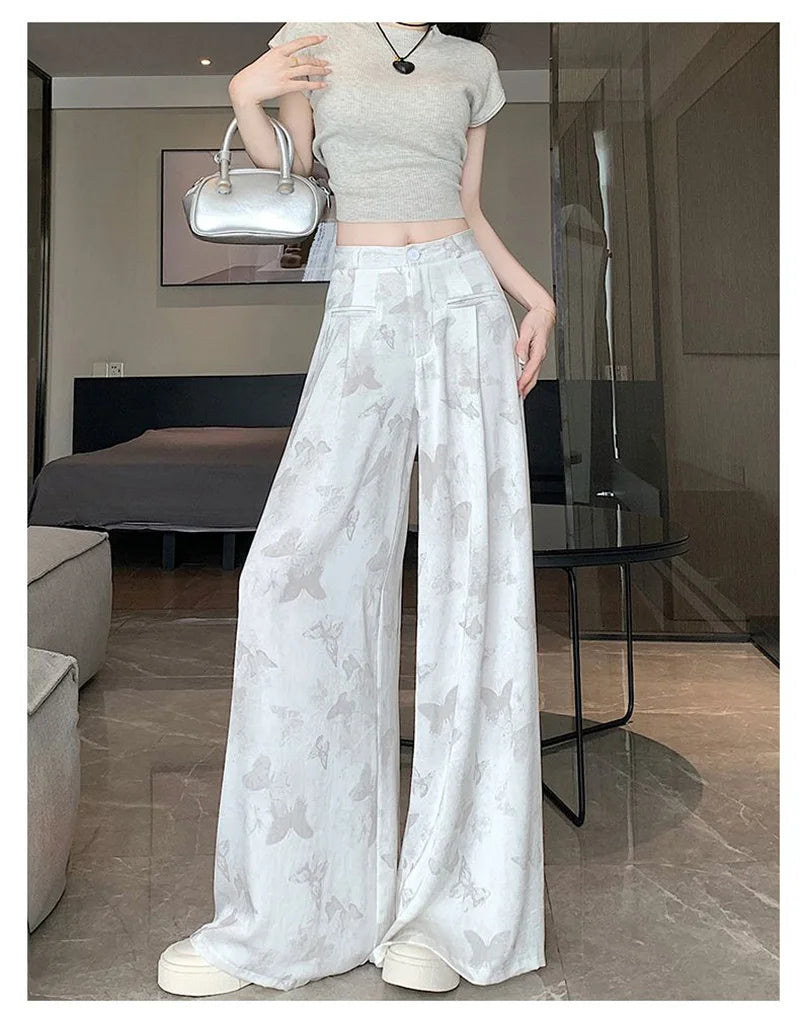 Zoki Bufferfly Print Satin Wide Leg Pant Women Loose Elegant Fashion High Waist Korean Trousers Casual Sweet High Quality Pants