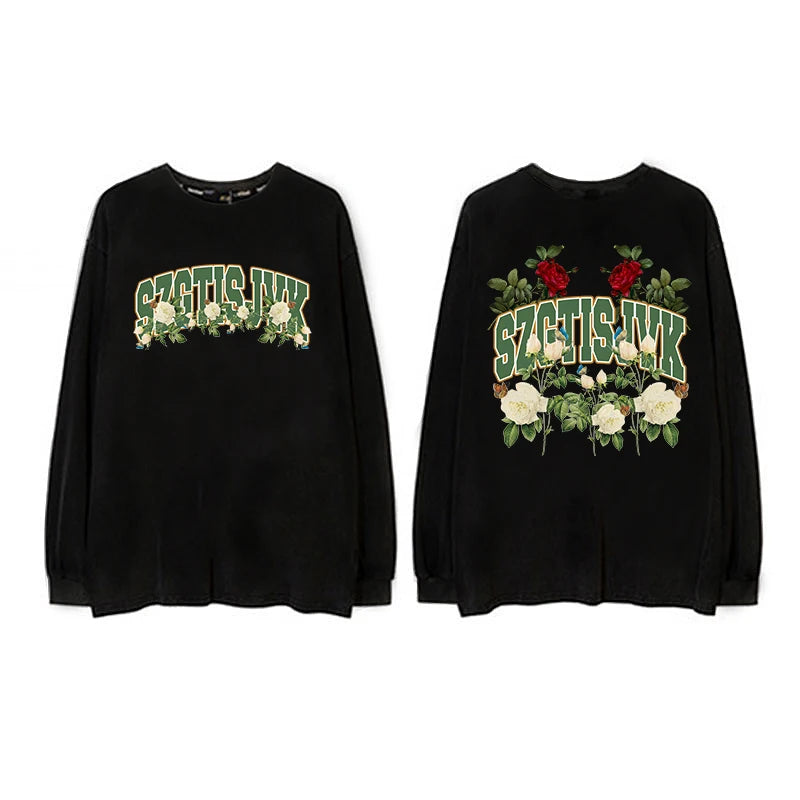 Design Sensation Rose Print Fce Lined Long Sve Women's Hoodie Street Sle Hip Hop Trendy Autumn Winter Top