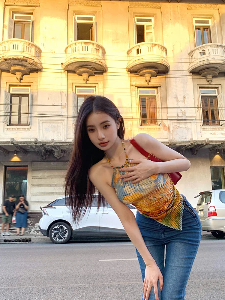 Tonngirls Vintage Tie Dye Tank Tops Women Sleeveless Lace Up Y2k Retro Camis Tops Backless Summer Korean Style Tank Tops 2000s