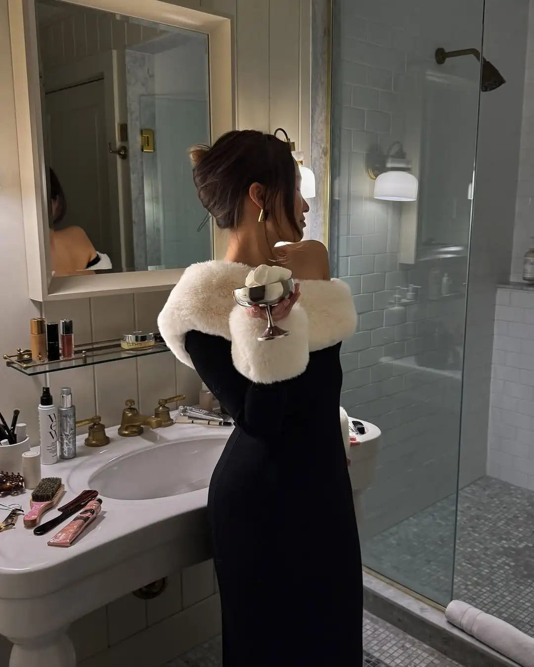 Tossy Fluffy Winter Slim Maxi Dress Female High Waist Long Sleeve Sexy Off-Shoulder Patchwork Bodycon Dress Ladies Party Dress