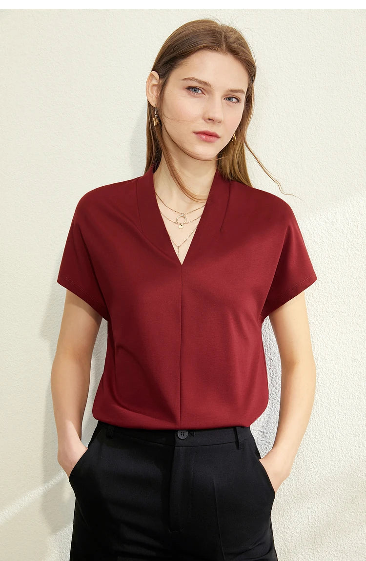 AMII Minimalism 2023 Summer Women's T-shirt Classic Style Casual V-neck Short Sleeve Solid Stretch Female Tops & Tees 12312013
