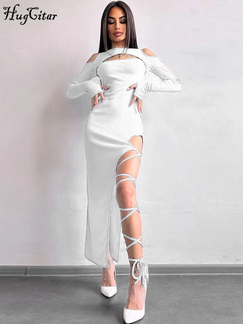 Hugcitar Long Sleeve Solid Hollow Out Slit Lace Up Elegant Sexy Bodycon Maxi Prom Dress 2023 Fall Women Birthday Party Outfit "