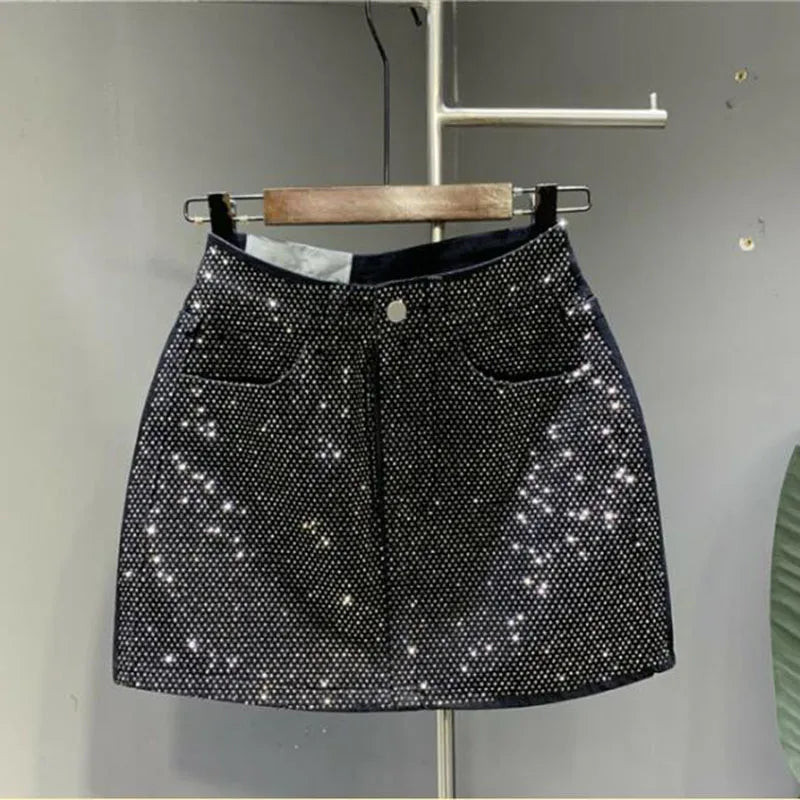Heavy Industry Hot Drilling High-End Denim Skirt 2024 Spring And Summer New High Waist Pink Sexy A-Word Skirt