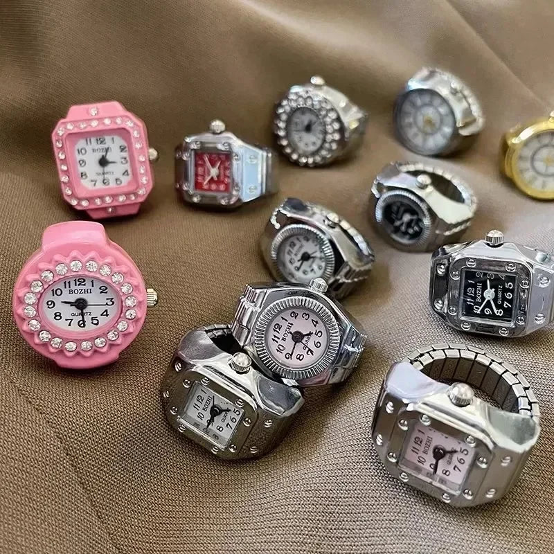 Colorful Watch Ring Women Men Retro Sliver Pointer Quartz Clock Finger Rings Punk Alloy Strap Watches Jewelry Accessories