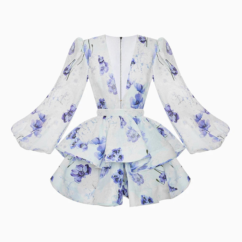 Printed Ruffled Hem Deep V-neck Puffy Dress Long Lantern Sleeve Elegant Vacation Party Short Dresses Colorful 2025 Spring Robe