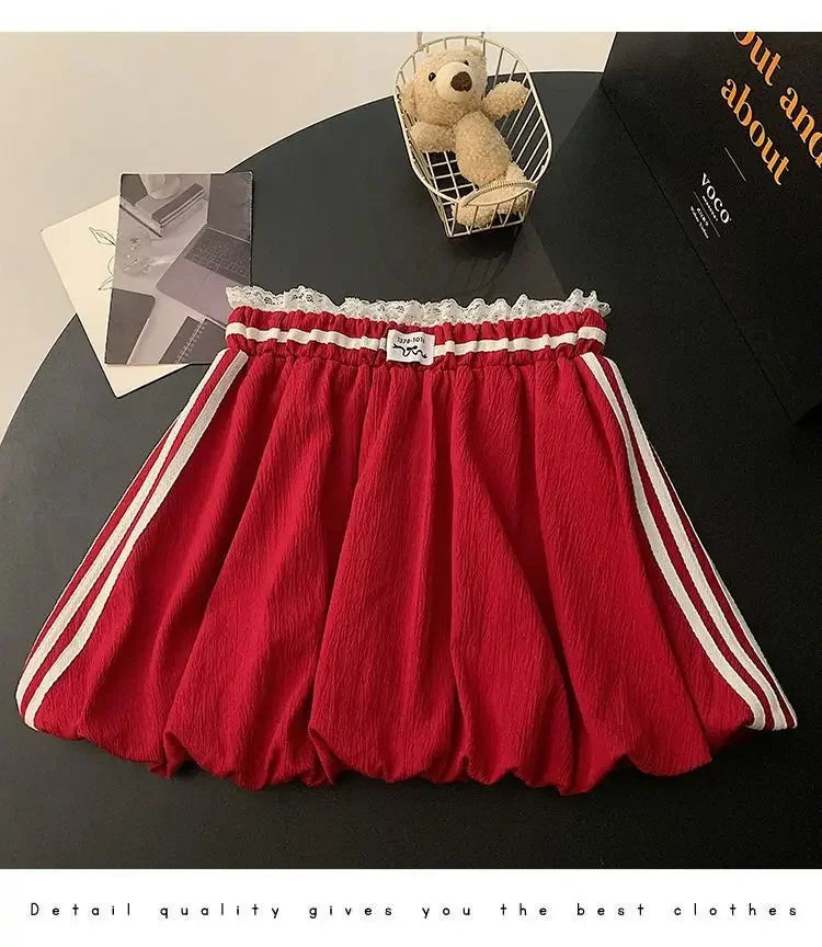 American Style Spliced Lace Stripe High Waist Half Skirt Women Summer Anti Exposure Flower Bud Puffy Short Skirt Polyester Fiber
