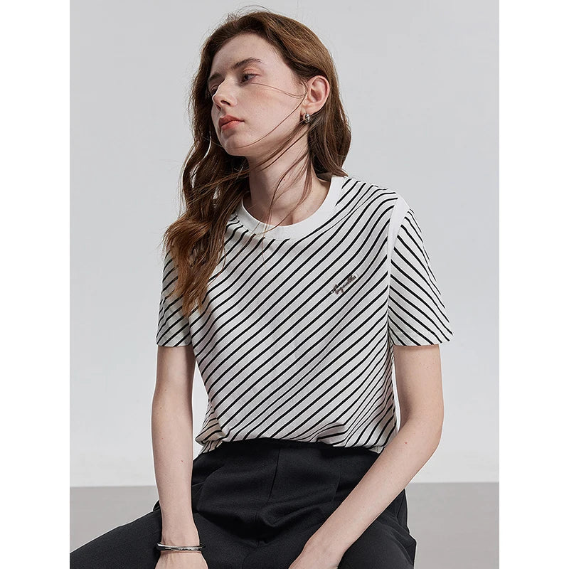 TOYOUTH Women Short Sleeve Striped T shirt 2025 Spring New Tops 8521021