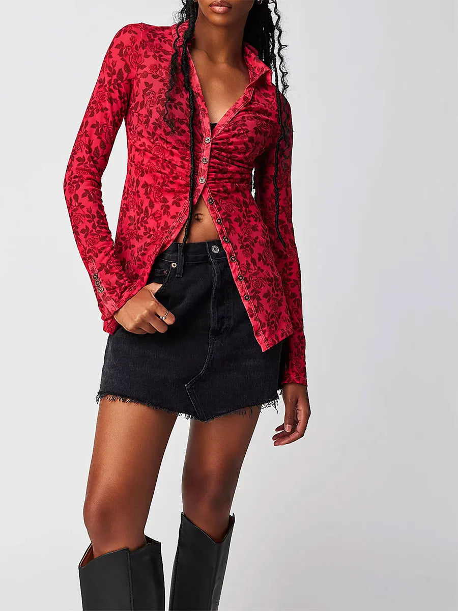 Y2k Women Retro Floral Print Shirts V Neck Long Sleeve Ruched Blouses Button Down Slim Fit Crop Tops Fairy Grunge Streetwear