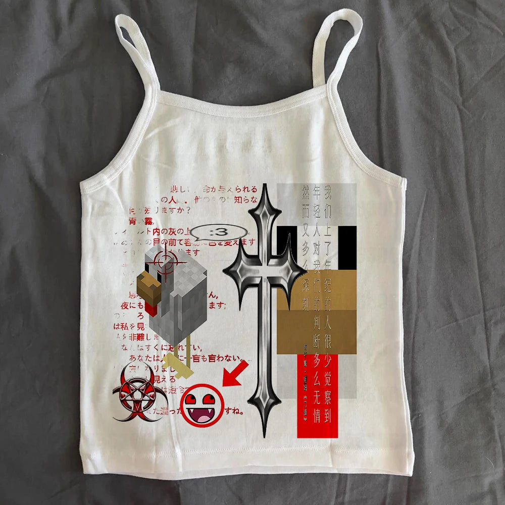 Punk Y2k Clothes Letter Graphic Print Grunge Crop Tops Vintage Slim Crop Tops Camisole Female Clothing Tank Cute Baby Tees 2000s