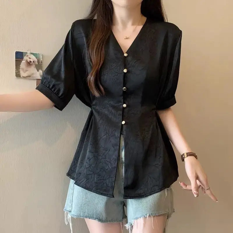 Women Clothes Summer Fashion Korean Button Solid Color V-neck Puff Sleeve Female Simplicity Elegant Temperament Short Sleeve Top