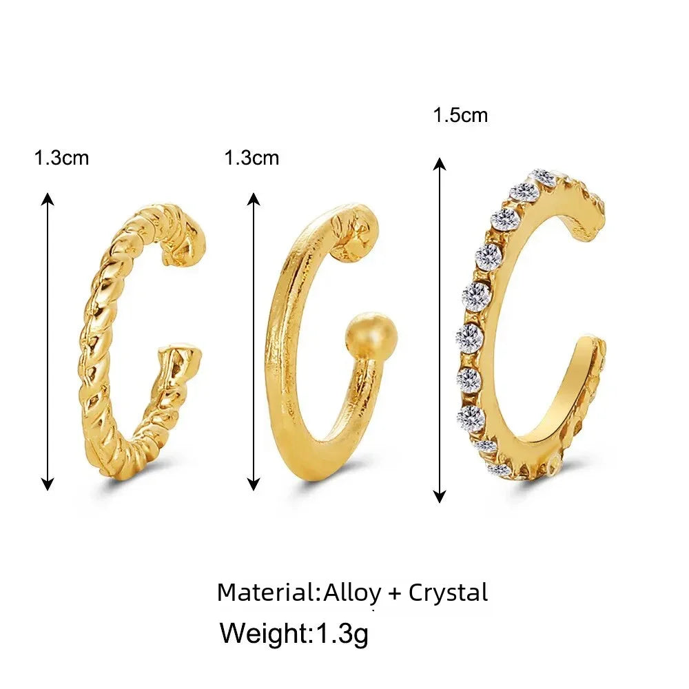 3PCS Vintage Simple Metal Crystal Ear Cuff for Women Teens Gold Color Non Piercing Fake Cartilage Clip Earrings Set Jewelry Gift
