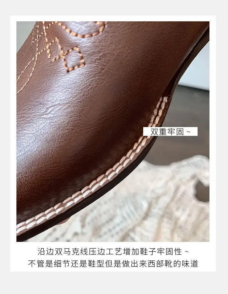 Fall Women Mid-calf Boots 2025 Vintage Leather-covered Brown Western Cowboy Boots Embroidered Chunky Heel Thigh-high Knight Boot