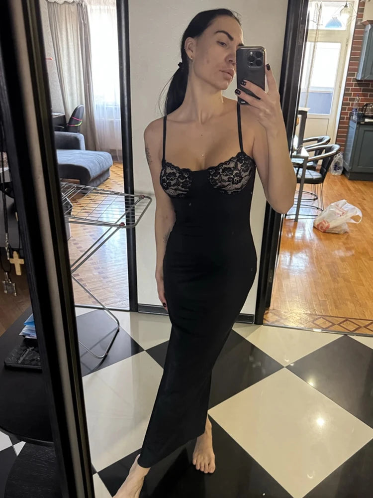 Weird Puss Sexy Camis Dress Women Skinny Patchwork Chest Summer Elegant Skinny Elastic Stretch Maxi Bodycon Clubwear Vestidos