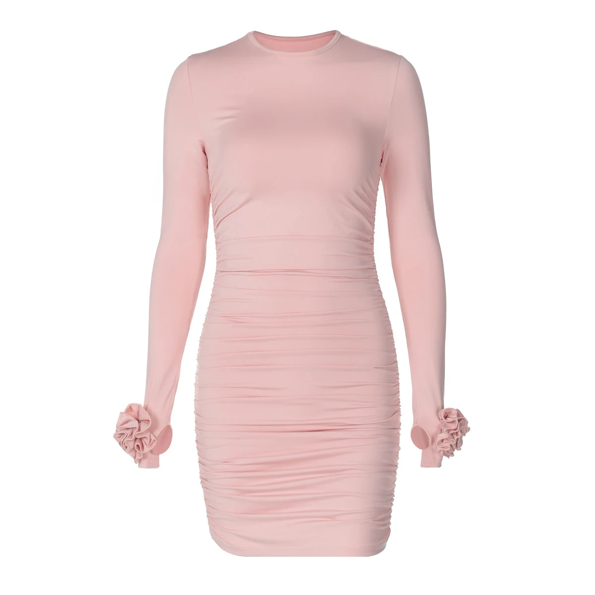 Hugcitar 2025 Elegant Solid Long Sleeve Tie Flowers Sexy Bodycon Pleated Mini Dress Spring Women Outfits Birthday Party Festival