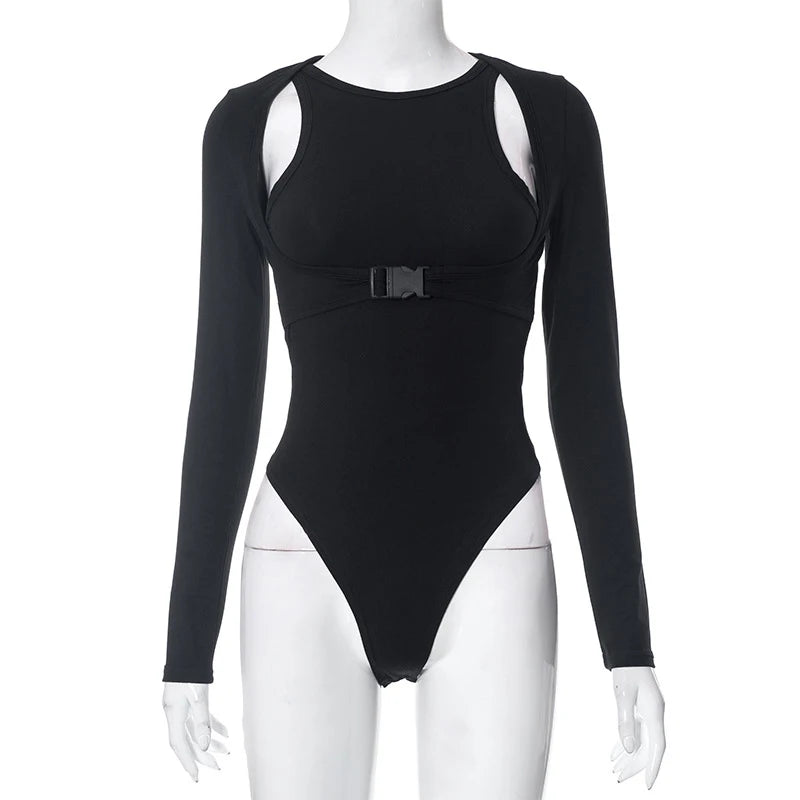 Autumn 2025 New Full Sleeves Hollow School Bags Buckle False Two Pieces Skinny Bodysuit Women Stylish Casual Versatile