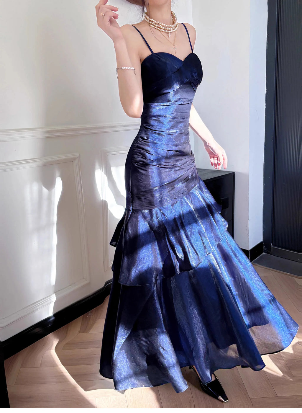 Elegant Romantic Party Women's Spaghetti Strap Dress Female Blue Ruffles Slim Fit Mermaid Dresses Chic Banquet Formal Gown