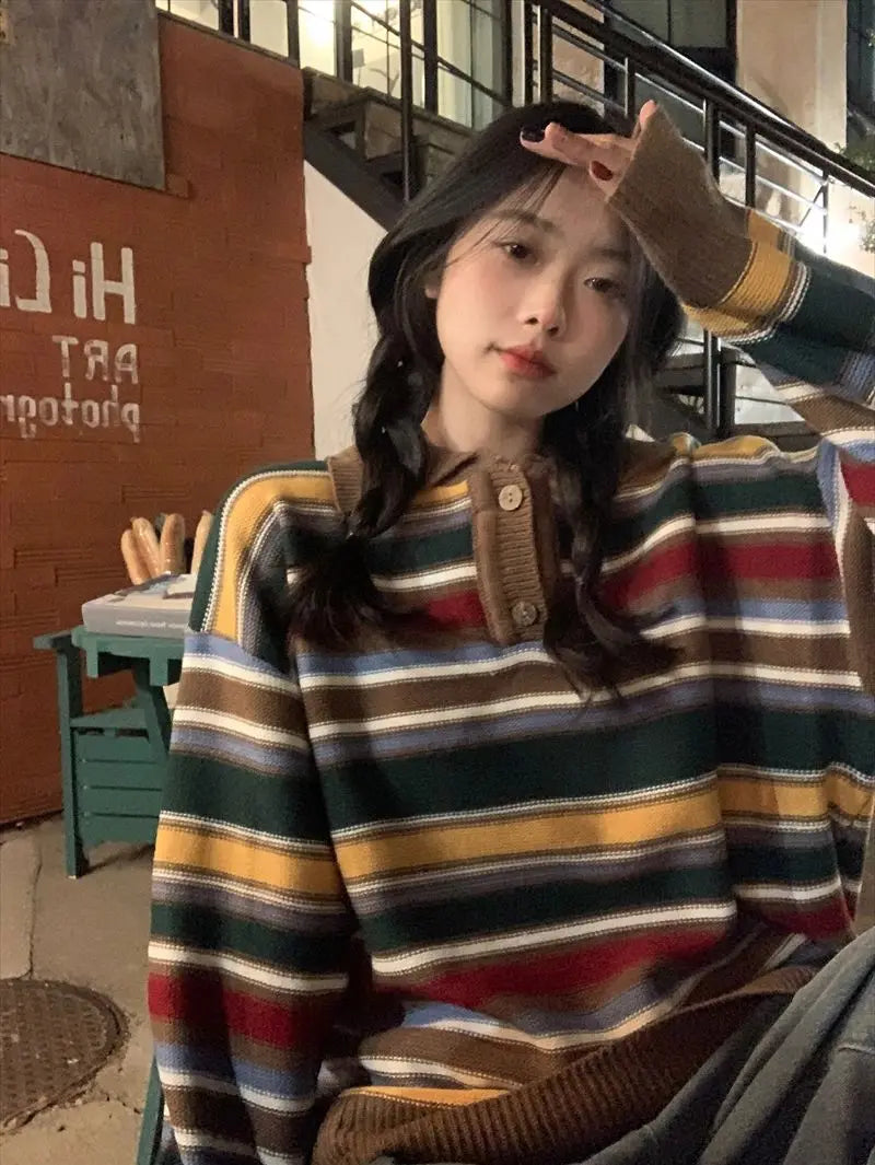 Retro Lazy Sle Women's  Ne Sweater Spring Autumn Loose  Stripes Knitted Top Comfortable Breathable Warmth