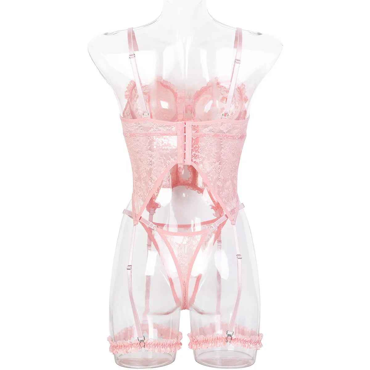 Sheer Pink Lingerie Set Frilled Lace Bralette Transparent High Waist Panty Garter Belt Bridal Romantic Seductive Underwear Women
