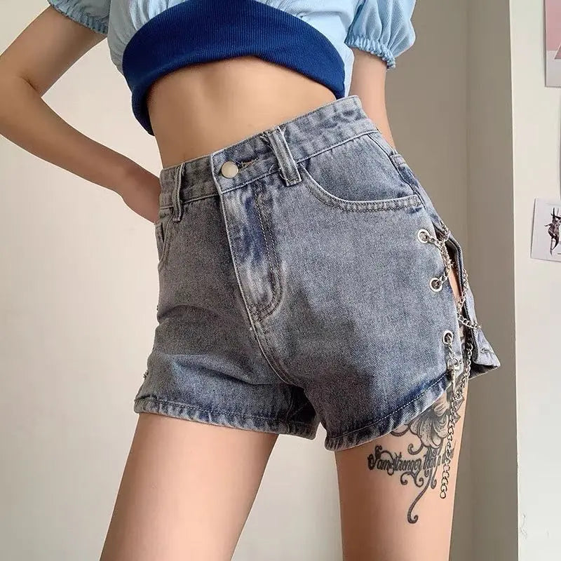Oversized Chain Jeans Female Fashionable High Waist Irregular Trend Sexy Slim Shorts Women Clothes Fashion Zipper Wide Leg Pants