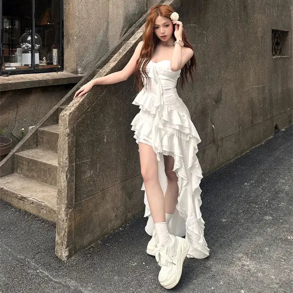 2025 Elegant Ruffle Hem High Low Dress Womens Sleeveless Spaghetti Strap White Gothic Vintage Fairycore Aesthetic Midi Dress