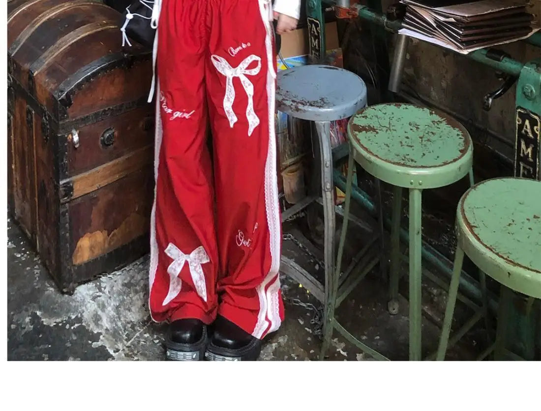 Dophee Original Spice Girls Elastic Waist All-match Loose Straight Wide Leg Pants Cute Bow Printed Splicing Lace Casual Trousers