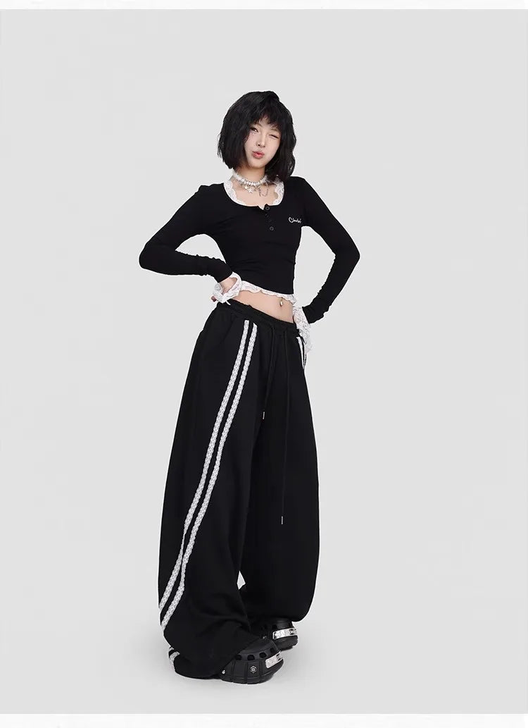 CBXLAB Street Dance Women' s Black lace pull-tab jazz pants K-pop spicy girl long pants street leisure pants trendy.