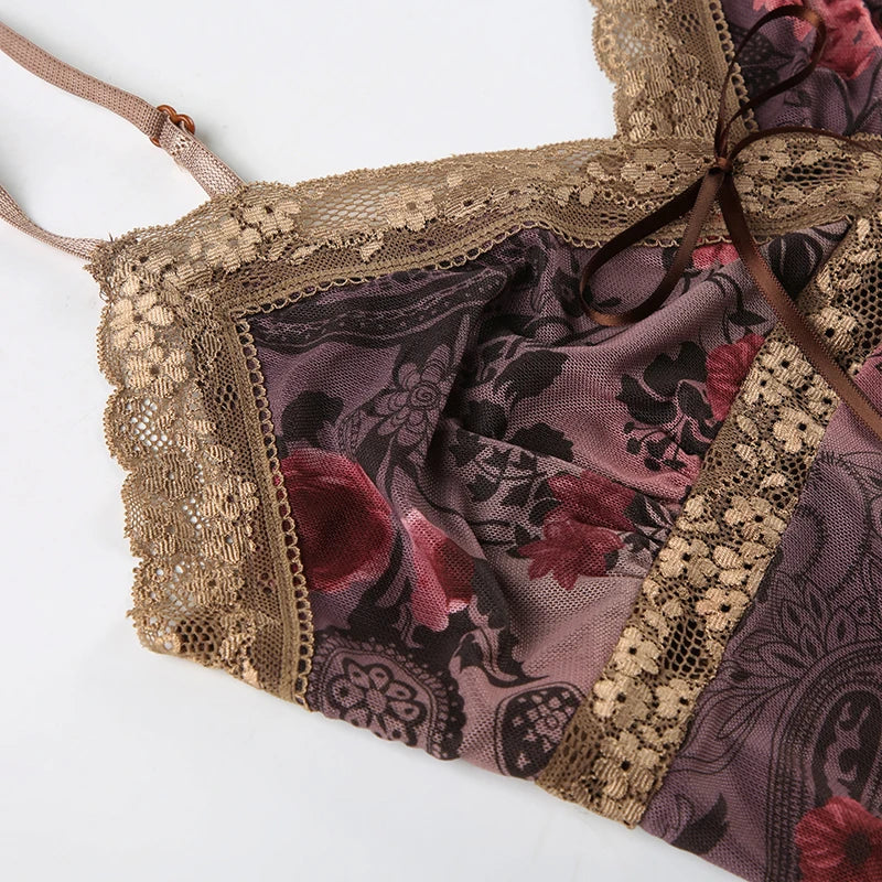 Rockmore Vintage Tulle Patchwork Floral Print Camis Women Mesh Lace Cross V Neck Crop Top Y2K Aesthetic Female Backless Corset