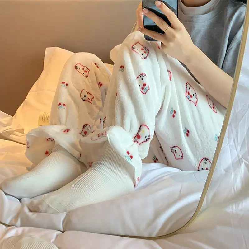 Sanrio Hello Kitty Flannel Pajamas Trouserswomen Kawaii Woolen Cartoon Casual Home Pants Autumn Women's Clothin Girl Gifts
