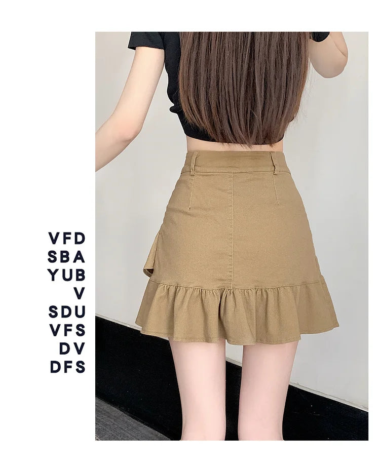 High Waist A-Line  Skirt Women's Spring Summer Denim f-length Skirts with Lace Hemline Cotton Polyester Blend