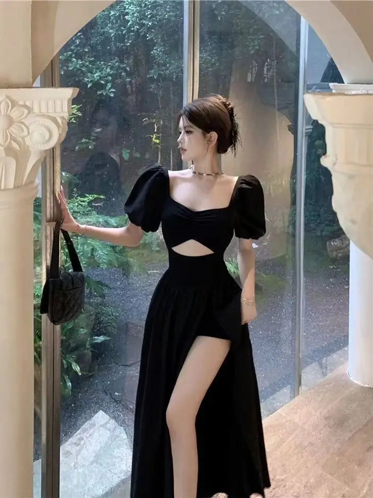 Short Puff Sleeve Black Dress Women Hollow Out Design Split Square Collar Temper Korean Style Fashion Ladies Attractive Ulzzang