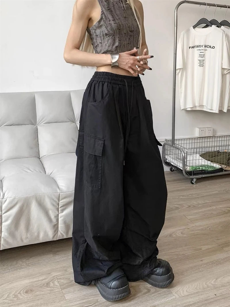 Zoki Loose Vintage Y2K Cargo Pants Women Streetwear American High Waist Trousers Casual Big Pockets Bf Retro Harajuku Pants New