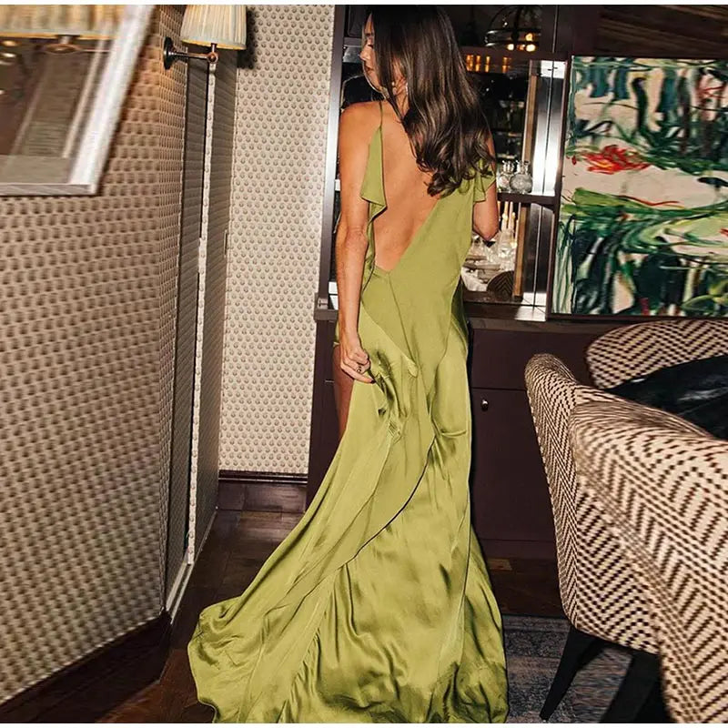 Elegant Green Satin Ruffles Sling Long Dress Women Sexy Backless Sleeveless Split Slim Dresses Lady 2025 New Party Club Vestidos