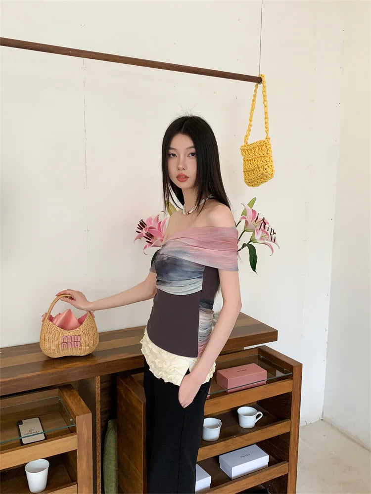 CHEERART Tie Dye Off The Shoulder Mesh Top For Women One Shoulder Designer Crop Top Fashion T Shirt Summer 2025 Clothing