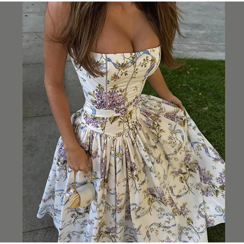 Chic Flower Print A-line Maxi Dress Women Elegant High Waist Strapless Backless Slim Vestidos 2025 Lady Summer Vacation Robes