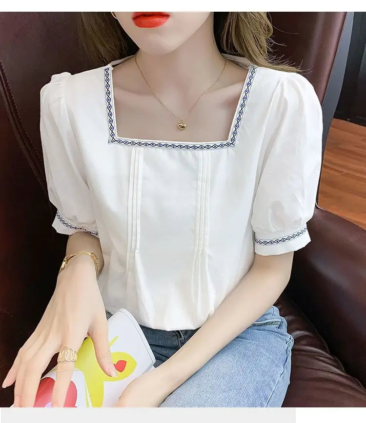 Women Clothing Summer Korean Fashion Embroidered Solid Color Square Collar Puff Sleeve Femme All-match Pleated Short Sleeve Tops