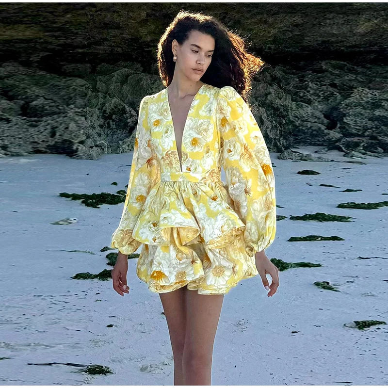 Printed Ruffled Hem Deep V-neck Puffy Dress Long Lantern Sleeve Elegant Vacation Party Short Dresses Colorful 2025 Spring Robe