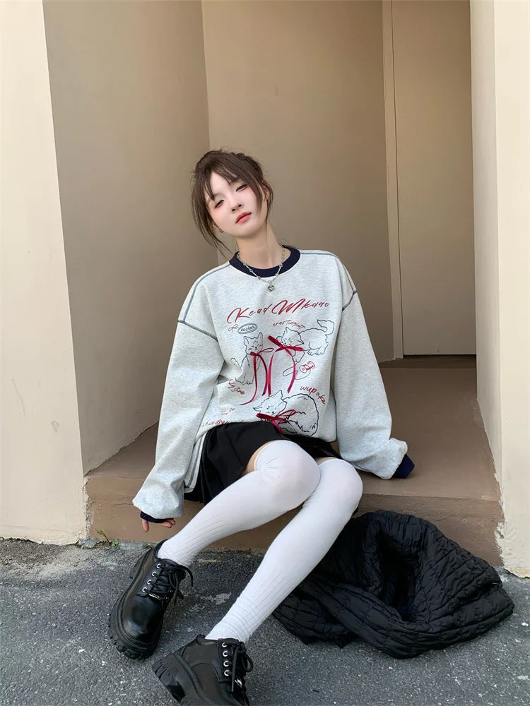 Ele Loose Long Sve Hoodie Women's Faion Design  Knot Print Top Trendy Autumn New Sle Korean System