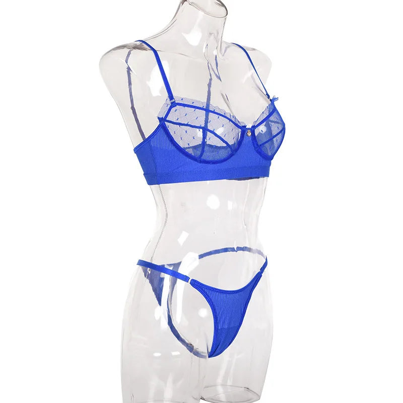 Ruffle Mesh Lace Lingerie 2 Piece Women Underwear Set Transparent Bras Panty Brief Sets White Sexy Lingerie Seamless Bra Set