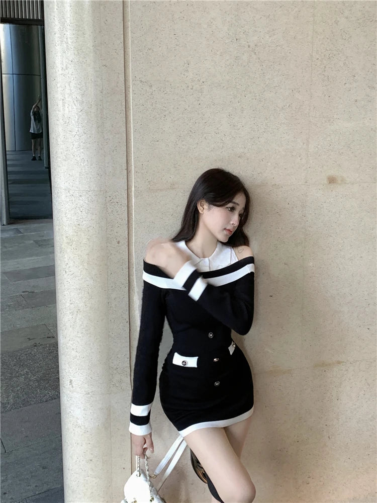 Hot Girl Off Shoulder Long-sleeved Knitted Dress Women's Autumn Fake Two-piece Shirts Spliced Sexy Wrapped Hip Short Dress
