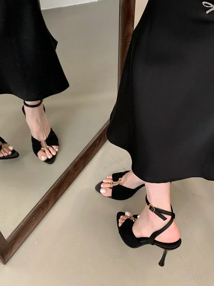 Aneikeh Summer Pointed Toe Thin High Heels Fashion Pleated Metal Buckle Strap Women Sandals Banquet Party Female Mules Shoes