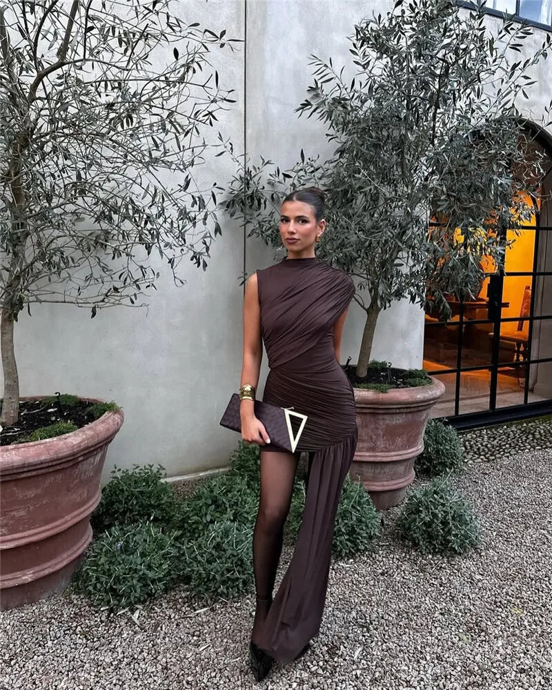 Mozision Irregular Draped Ruched Sexy Mini Dress For Women Elegant Turtleneck Sleeveless High Waist Pleated Club Party Dress