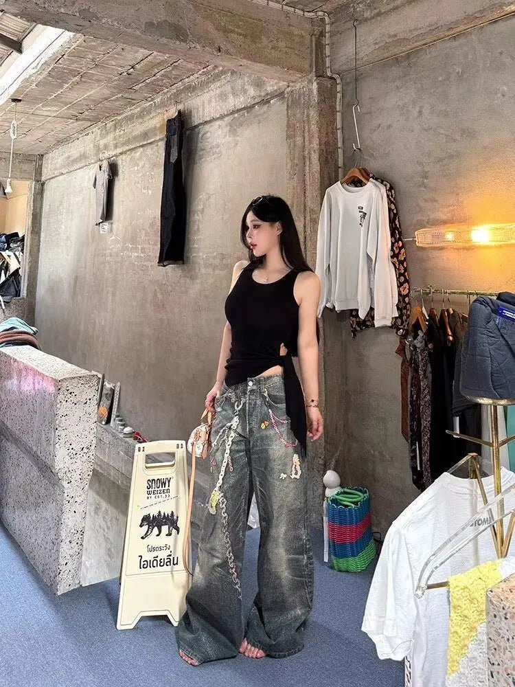 American candy chain pants hot girl digital printed jeans summer new fashionable straight floor trousers Korean style