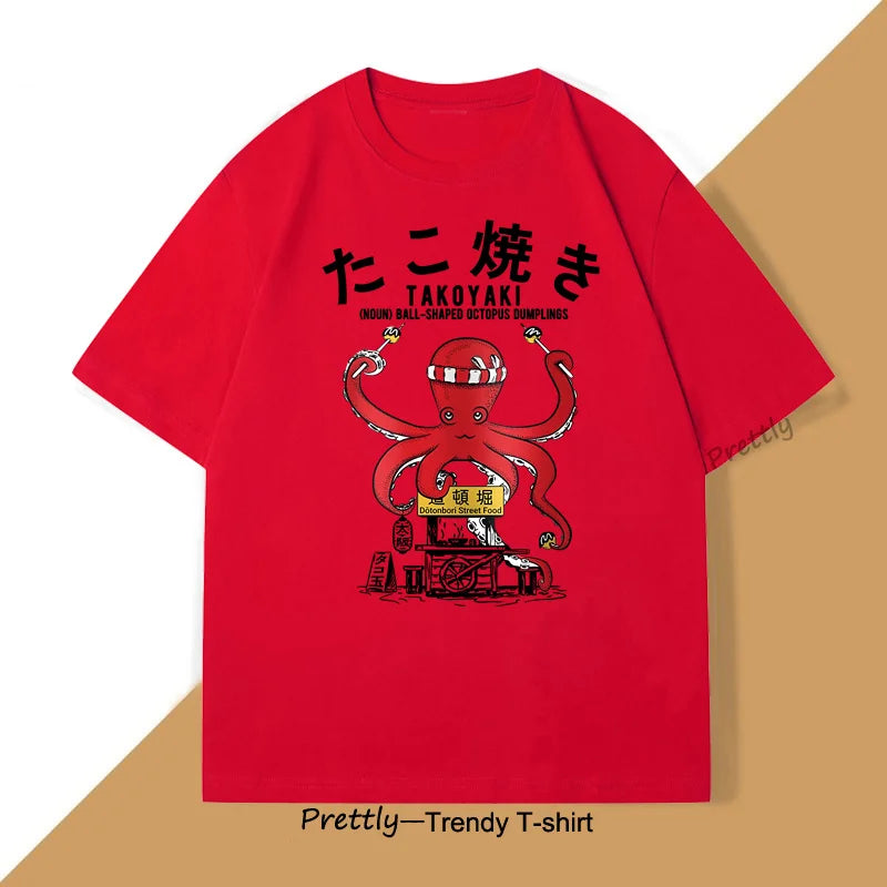 Japanese Takoyaki T-Shirt Octopus Balls Tshirt Street Food Lover Graphic T Shirts Anime Cotton Loose Top Oversized Clothes Top